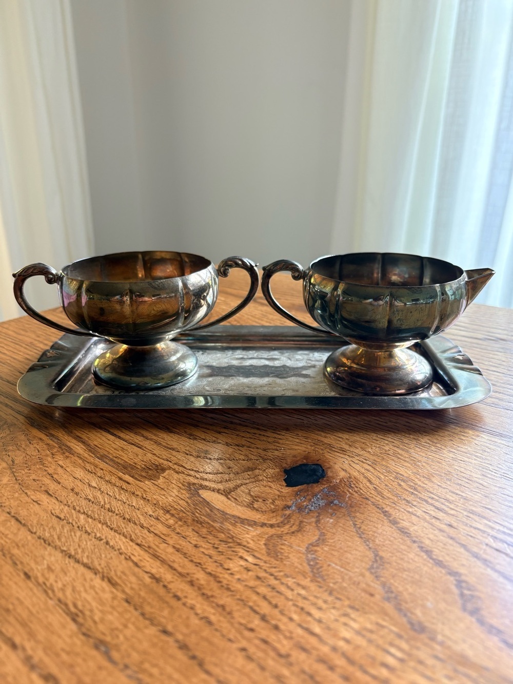 Viking Plate from Canada tray, Elegance EP Brass sugar & creamer